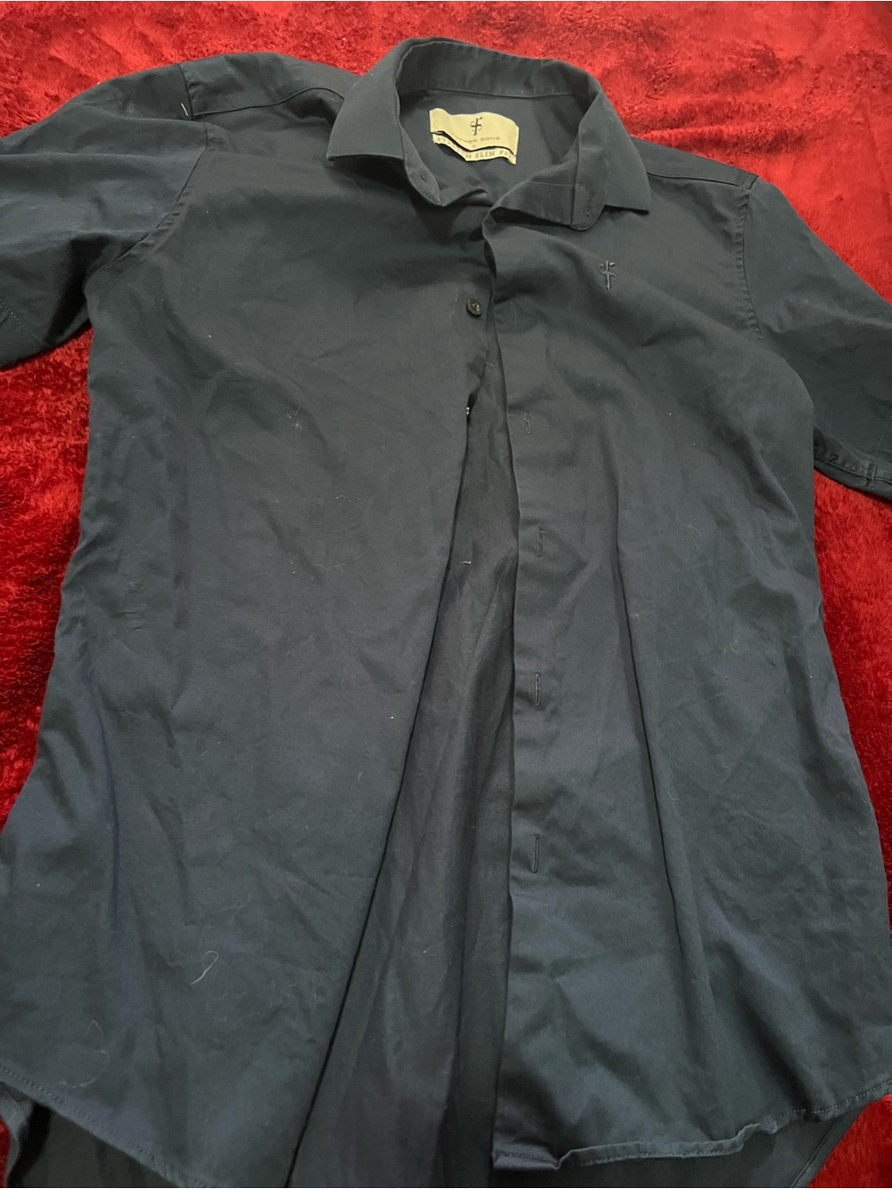Father & sons shirt strech slim Dark Navy Button-Up Shirt with Subtle Embroidery